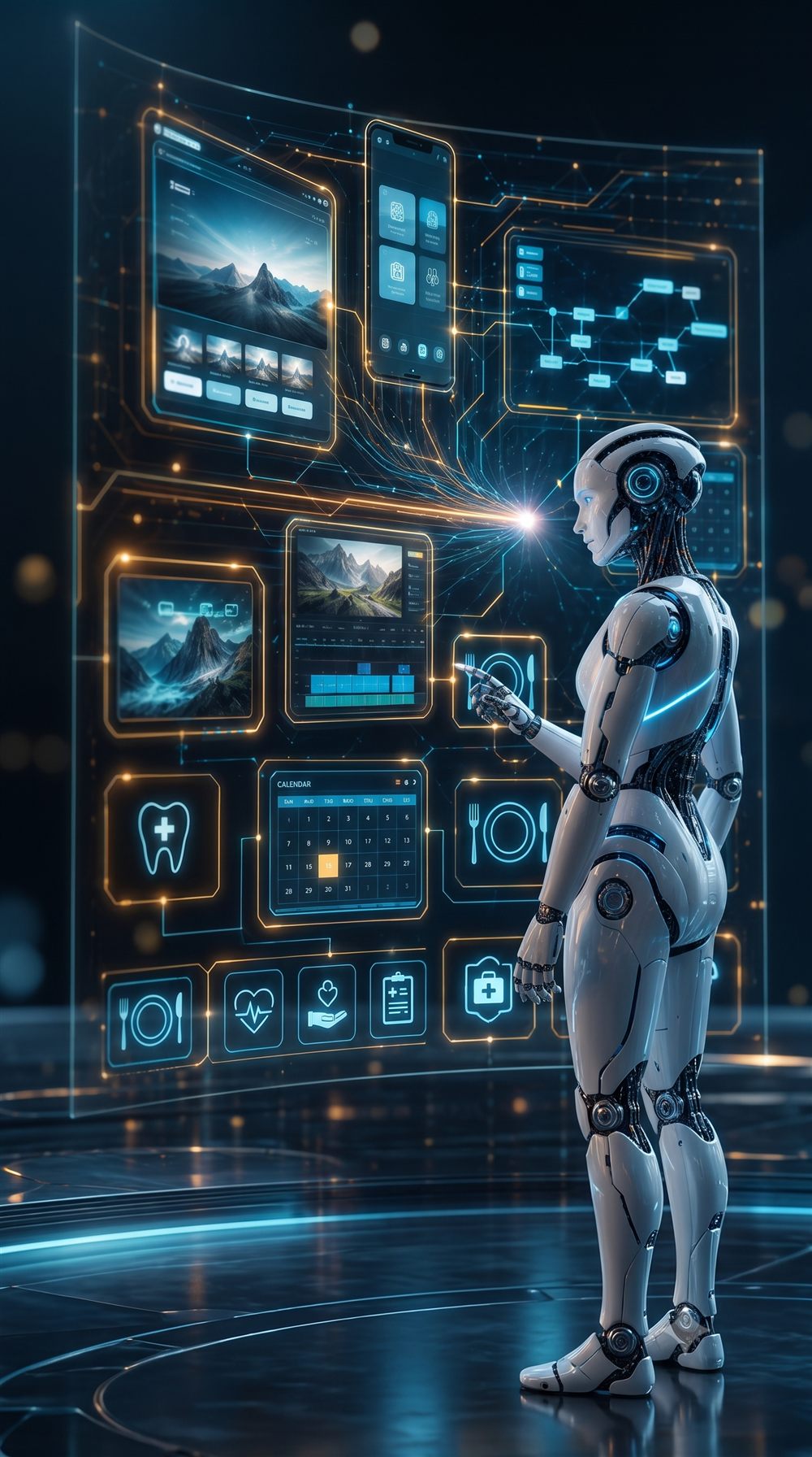 Humanoidni robot dodiruje holografski ekran sa ikonama za online zakazivanje kod stomatologa i u restoranu